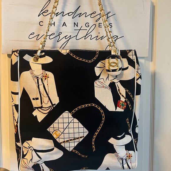 CHANEL Vintage Rare COCO Shoulder Tote Navy White Gold Chain Bag Purse - Picture 3 of 11